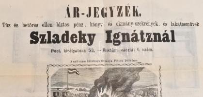 cca 1868 Pest, Szladeky Ignác tűz- és betörésbiztos páncélszekrényeinek árjegyzéke