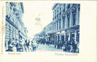 1899 (Vorläufer!) Temesvár, Timisoara; Hunyadi utca, Csendes Jakab üzlete és saját kiadása / street, shops