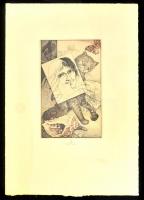 Karel Zeman: Kompozíció macskával. Rézkarc, papír. Jelzett, sorszámozott 67/100 19x12 cm Üvegezett fa keretben