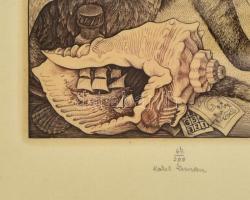 Karel Zeman: Kompozíció macskával. Rézkarc, papír. Jelzett, sorszámozott 67/100  19x12 cm Üvegezett ...