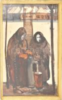 Pólya Tibor jelzéssel: Asszonyok a kútnál. Akvarell, farost, festett, üvegezett fa keretben, 57x40,5 cm