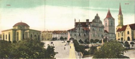Lőcse, Levoca; Kör tér, városház. Három részes kinyitható panorámalap / square, town hall. 3-tiled folding panoramacard