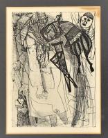Kondor Béla (1931-1972): Illusztráció. Rézkarc, papír, jelzés nélkül, 9x11 cm Üvegezett keretben.