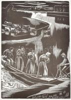 Gáborjáni Szabó Kálmán (1897-1955): Átkelés a folyón,fametszet, papír, jelzett a dúcon, paszpartuban, 24x17 cm