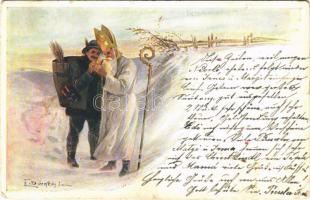 1905 Saint Nicholas and Krampus man s: E. Döcker (tiny tear)