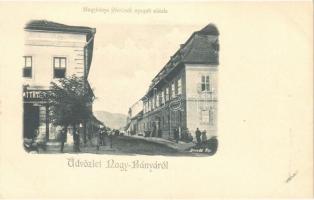 Nagybánya, Baia Mare; Fő tér nyugati oldala, üzletek. Divald / main square, street view, shops