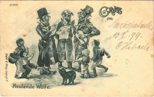 1899 (Vorläufer!) Gruss aus Heulende Wölfe. Regel & Krug Leipzig No. 3007. / Howling wolves. Jewish men singing. Judaica mocking art postcard (Rb)