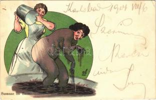 1901 Susanne im Bade, Karlsbad / Karlovy Varys mud bath, Jewish woman, Judaica art postcard, litho (EK)