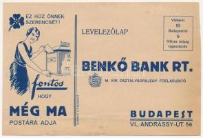 Ez hoz Önnek szerencsét! Fontos hogy még ma postára adja! Benkő Bank Rt. M. kir. Osztálysorsjegy főelárusító, rendelő-lap a hátoldalon / Hungarian lottery ticket advertisement, order form on the backside (szakadás / tear)
