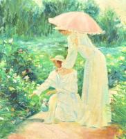 Boromisza Tibor jelzéssel: Virágszedők. Olaj, vászon, aranyozott keretben, 49,5x60,5 cm