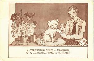 A cserkészleány szereti a természetet, jó az állatokhoz, kíméli a nővényeket. A Magyar Cserkészleány Szövetség kiadása / Hungarian girl scout art postcard s: M. Geőcze E. (fa)