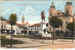 Marosvásárhely, Targu Mures; Kossuth szobor, Széchenyi tér, üzletek / statue, square, shops (képeslapfüzetből / from postcard booklet)
