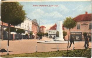 Marosvásárhely, Targu Mures; Petőfi emlék, Rosenfeld Jenő és Unger Jakab üzlete / statue, shops (képeslapfüzetből / from postcard booklet)