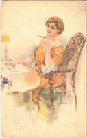 1917 Lady with calendar. Italian art postcard. W.S.S.B. Serie 4687. s: Usabal (kopott sarkak / worn corners)