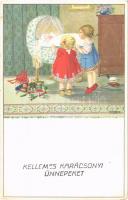 1934 Kellemes Karácsonyi Ünnepeket! / Christmas greeting Children art postcard. M.M. Nr. 878. s: Pauli Ebner (Rb)