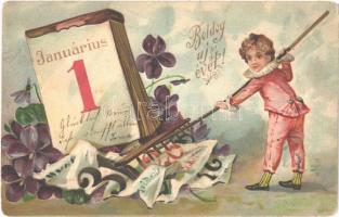1905 Januárius 1. Boldog Újévet! / New Year greeting Emb. litho art postcard with street sweeper