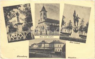 1943 Füzesabony, Római katolikus templom, Hősi emlékmű, Pályaudvar, vasútállomás, vonat (EB)