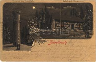 1899 (Vorläufer) Gabelbach (Ilmenau), Turm auf dem Kickelhahn, Restauration am Nacht / tower, restaurant, night. Gebr. Metz Kunstverlag Art Nouveau, floral, litho (EM)