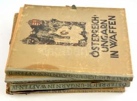 Österreich-Ungarn in waffe, 5 mappányi fotó/nyomat kartonra ragasztva, 19x25 cm körüli méretekben, egy mappában 50 db, teljes kiadás, a mappák kopottas, sérült állapotban.