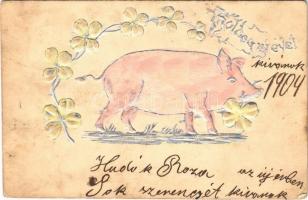 1904 New Year greeting, pig with clovers. Emb. (EK)