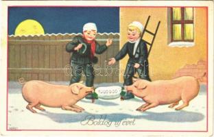 1942 Boldog újévet! / New Year greeting, pigs with chimney sweepers (EK)