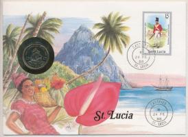 St. Lucia 1981. 25c Cu-Ni II. Erzsébet bélyeges érmés borítékon, német nyelvű ismertetővel T:1 St. Lucia 1981. 25 cents Cu-Ni Elisabeth II coin letter with stamp with description in German C:UNC