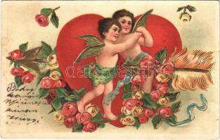 1906 Love greeting card with Cupids and flowers. Art Nouveua, Emb. litho