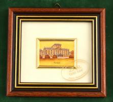 Fertőd, aranyozott miniatűr kép üvegezett fa keretben, díszdobozban, 3,5x4,5 cm