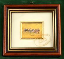 Puszta, aranyozott miniatűr kép üvegezett fa keretben, díszdobozban, 3,5x4,5 cm
