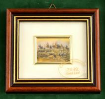 Honfoglalás, aranyozott miniatűr kép üvegezett fa keretben, díszdobozban, 3,5x4,5 cm