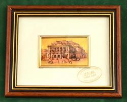 Magyar Állami Operaház, aranyozott miniatűr kép üvegezett fa keretben, díszdobozban, 4,5x6,5 cm