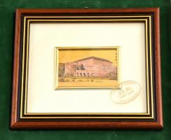 Siklós aranyozott miniatűr kép üvegezett fa keretben, díszdobozban, 6,5x4,5 cm