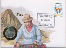 Peru 1988. 50I Cu-Ni felbélyegzett borítékban, bélyegzéssel, német nyelvű leírással T:1- Peru 1988. 50 Intis Cu-Ni in envelope with stamp, with German description C:AU