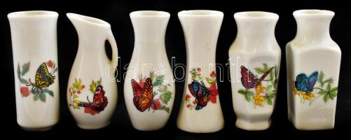 6 db lepke motívumú mini porcelán váza, matricás, jelzés nélkül, kis kopásnyomokkal, m: 7,5 cm