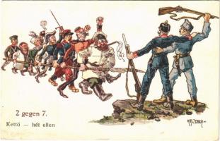 Kettő hét ellen / 2 gegen 7 / WWI Viribus Unitis military propaganda humour. B.K.W.I. 757-12. s: K. Th. Zelger
