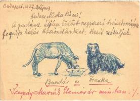 1937 Kézzel rajzolt művészlap kutyákkal / Hand-drawn art postcard with dogs (EB)