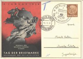 1938 Tag der Briefmarke. Reichsbund der Philatelisten. Denkmal des Weltpostvereins in Bern / Day of the German Stamp, Philately Day. 3 Ga. + Berlin Tag der Briefmarke So. Stpl. (ragasztónyom / glue mark)