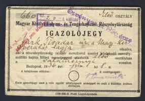 1936 M. Kir. Folyam és Tengerhajózási Rt. fényképes igazolójegy