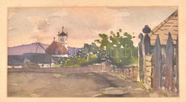 Jelzés nélkül: Látkép templomtoronnyal. Akvarell, karton, üvegezett fa keretben, Carl Schleicher & Schull bélyegzéssel, 11,5x21,5 cm