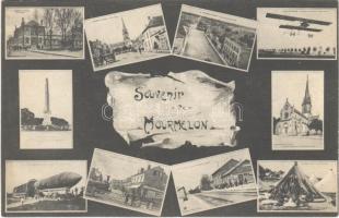 1915 Mourmelon, Souvenir de Mourmelon / multi-view postcard with railway station, airship, aircraft, locomotive, etc.