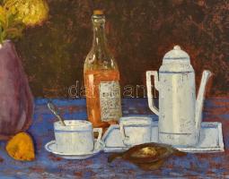 Jelzés nélkül: Reggeli csendélet kávéval. Olaj, farost. 46x62 cm Keretben