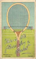 1929 This is the place for a racket. Tennis sport, hold to light litho