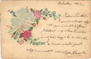 1900 Szecessziós, dombornyomott, litho selyemlap galambbal / Art Nouveau, floral, Emb. litho silkcard