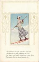 1913 On the skis. Winter sport art postcard, Art Nouveau, The Knapp Co. 21. Series No. 2.