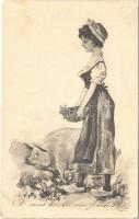 1903 Art Nouveau Lady with pig. M. Raschka signed Raphael Kirchner, B.R.W. 382. (EK)
