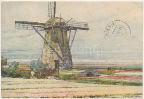 1944 Dutch folklore art postcard with windmill (EK)