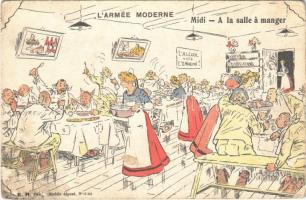 LArmée Moderne. Midi - A la salle a manger / The Modern Army. Noon in the dining room. French military humour art postcard (EK)