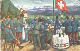 1918 Les Heros francais en Suisse / WWI French military, heroes in Switzerland, Red Cross nurses and soldiers, art postcard s: Kurt Bieder (small tear)