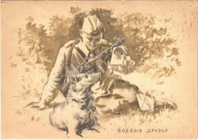 WWII Friends in combat Russian military field postcard, Red Army military propaganda. Death to the German invaders! (EK)