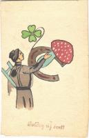 Boldog Újévet! / New Year greeting card with chimney sweeper, mushroom, clover and horseshoe (vágott / cut)